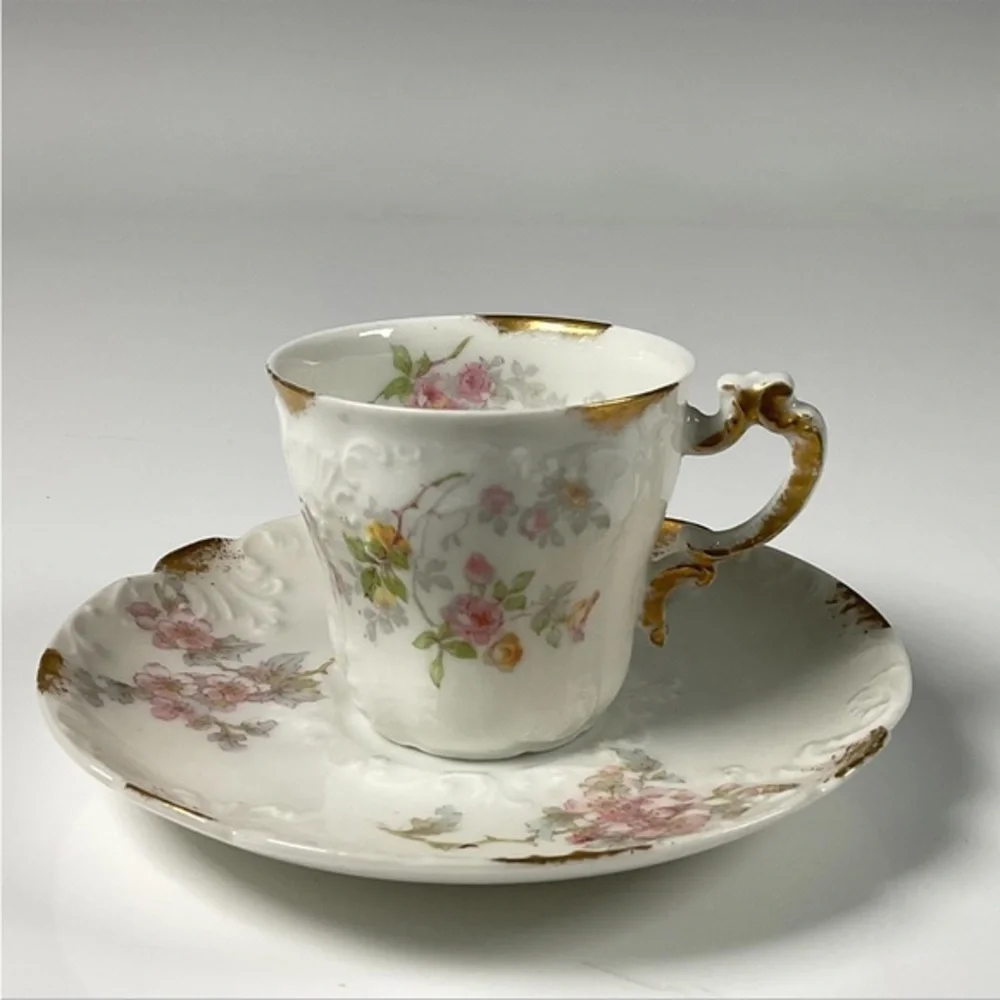2pc Limoges Floral Teacup and Saucer Set with Gold‎ Accents